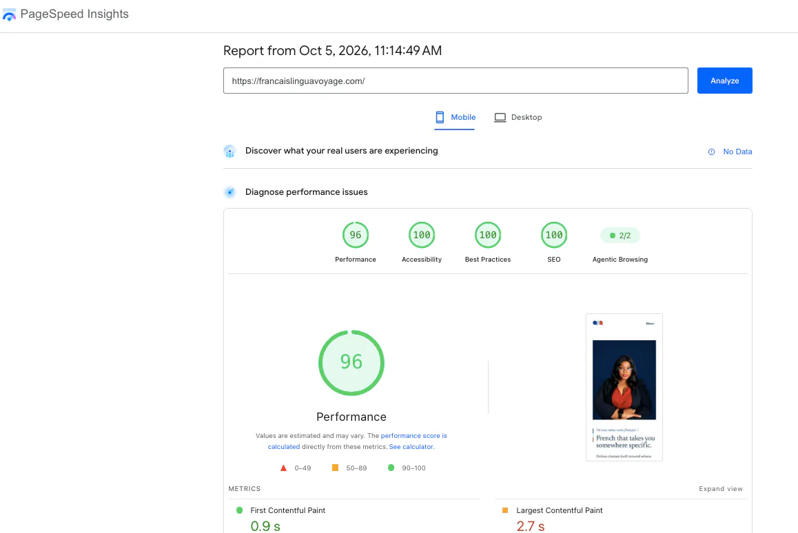 The Google Page Speed Insights of francaislinguavoyage.com