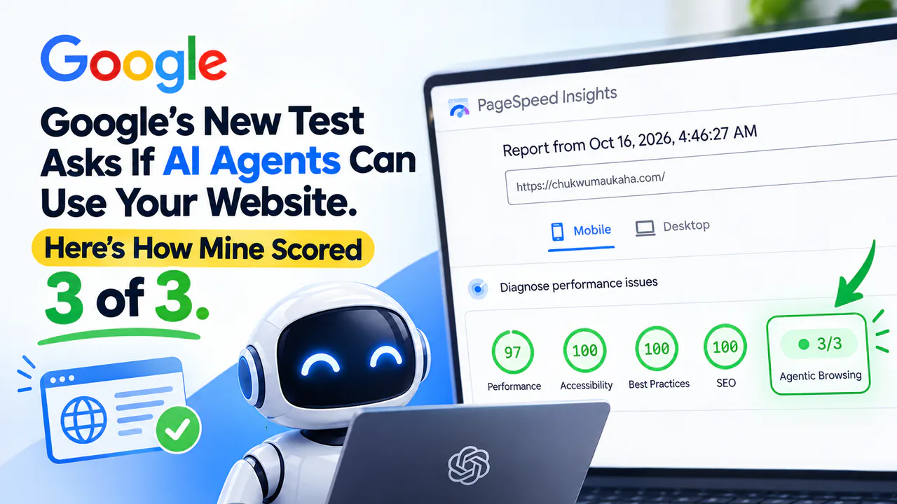 PageSpeed Insights report showing Agentic Browsing 3 of 3 for chukwumaukaha.com