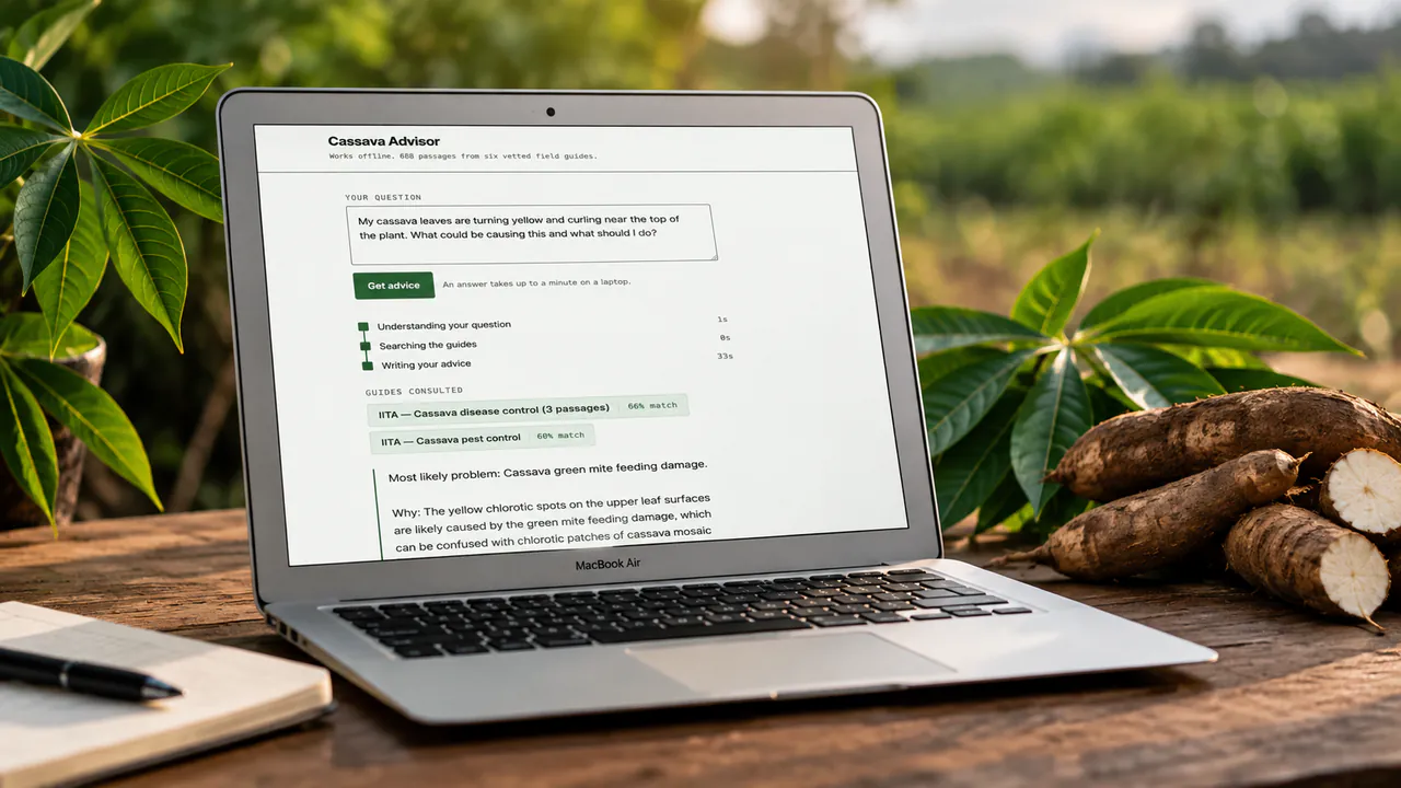 Offline cassava advisor AI running on a 2015 MacBook Air with no internet