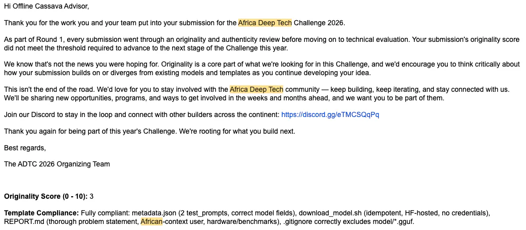 An email about the outcome of my submission to the 2026 Africa DeepTech Challenge