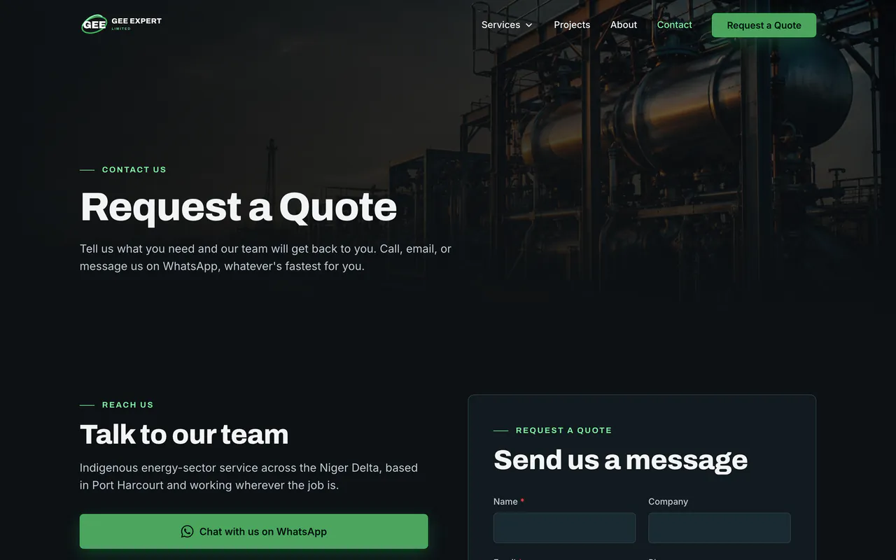 A Request a Quote contact page for GEE Expert website