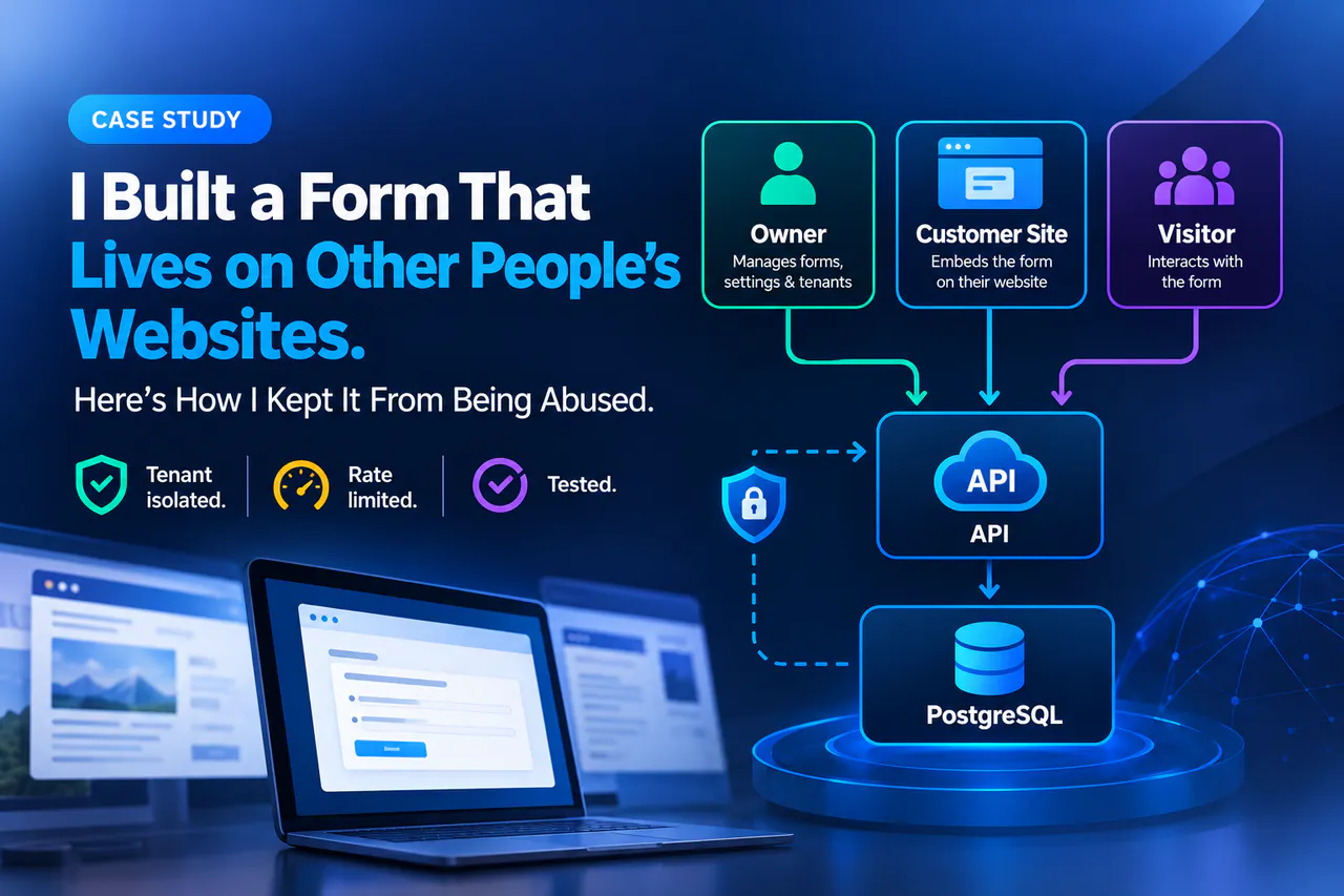 Diagram of an embeddable widget platform with owner, customer website and visitor paths into an API and database