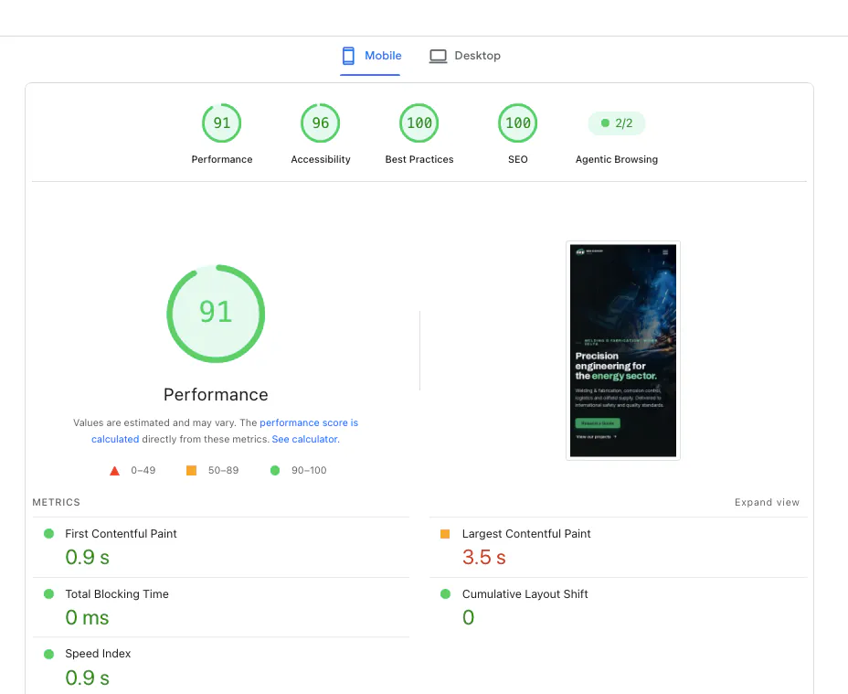 GEE Website Page Speed Insights with 3.5s LCP and 91 score on Performance