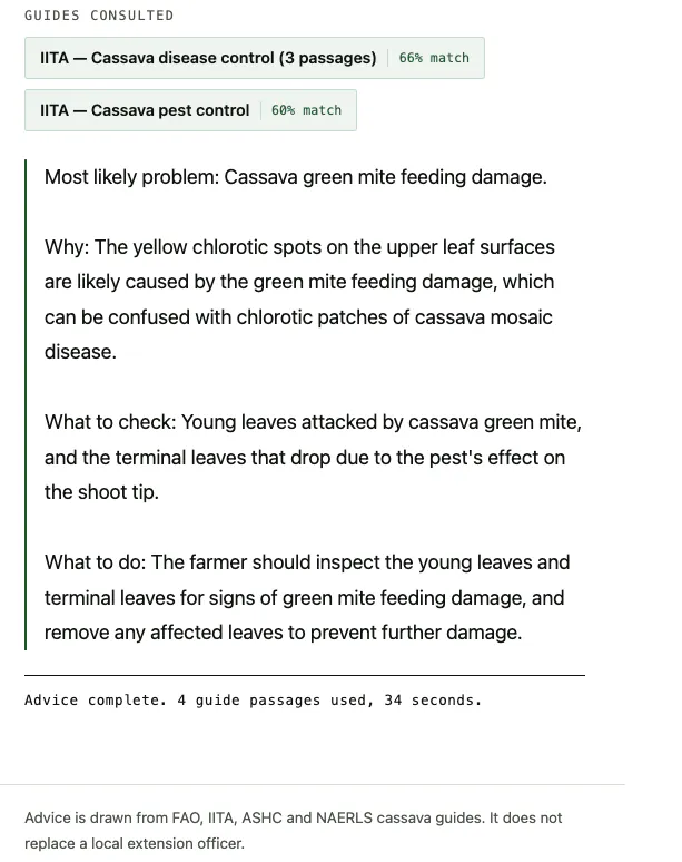An answer set under four headings. Most likely problem: cassava green mite feeding damage. Why: the yellow chlorotic spots are likely mite damage, which can be confused with cassava mosaic disease. What to check: young leaves, and terminal leaves dropping from the shoot tip. What to do: inspect those leaves and remove any affected. A footer line reads: Advice complete. 4 guide passages used, 34 seconds.
