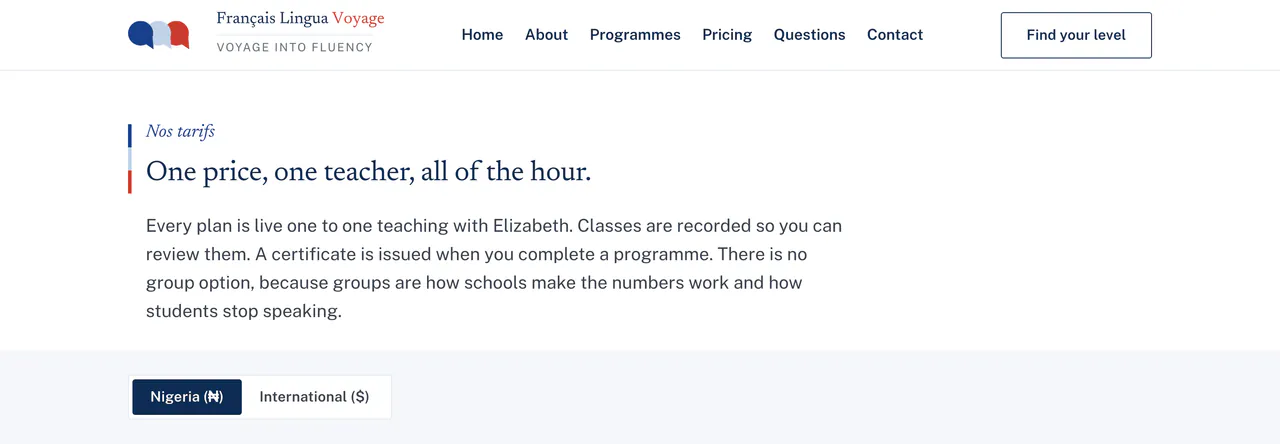 The top of the pricing page: the heading One price, one teacher, all of the hour, a paragraph on one to one teaching with Elizabeth, and a two option toggle below it, Nigeria (₦) selected and International ($).
