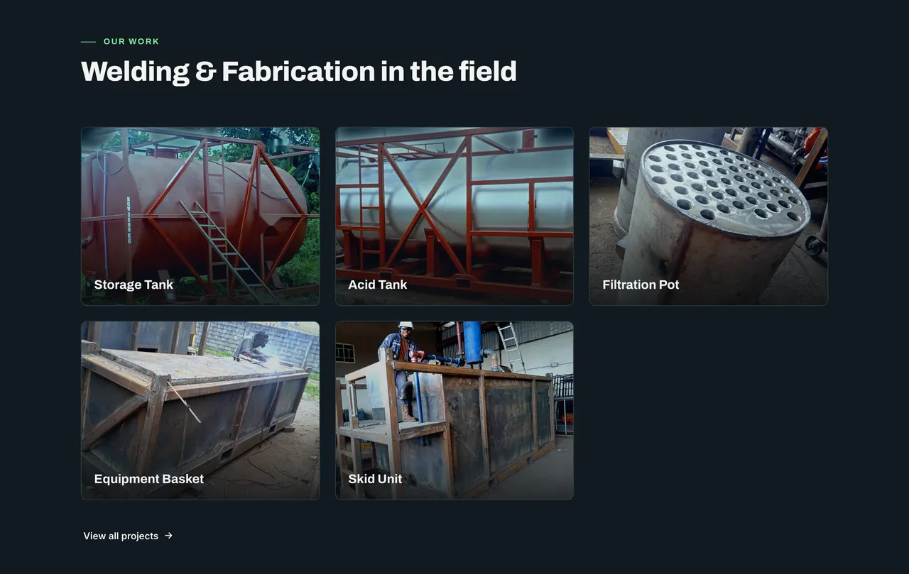 A section of the welding and fabrication page headed Welding and Fabrication in the field: a grid of five photographs of finished equipment, labelled Storage Tank, Acid Tank, Filtration Pot, Equipment Basket and Skid Unit, with a View all projects link beneath.