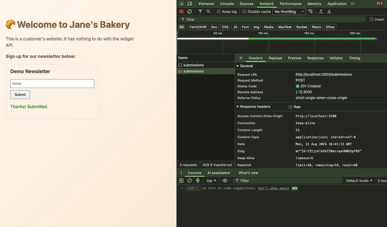 A demo customer page, Welcome to Jane's Bakery, with the embedded Demo Newsletter form submitted and a green confirmation, Thanks! Submitted. Beside it the browser network panel shows the POST to /submissions returning 201 Created, with response headers including Access-Control-Allow-Origin and Ratelimit: limit=20, remaining=19, reset=60.